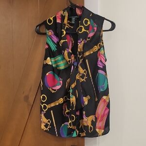 EUC Lauren Ralph Lauren Black/Pink Sleeveless Equestrian Blouse size 8 Petite